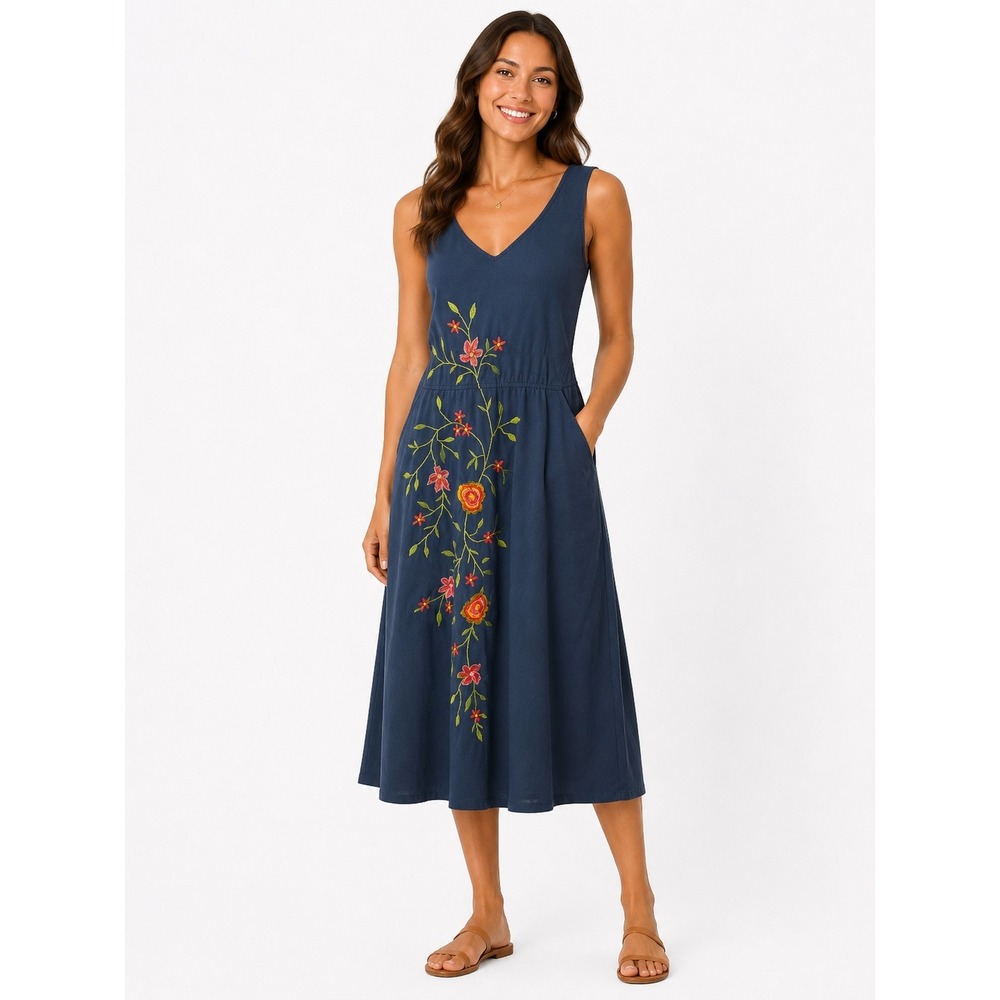 Eshakti Navy Blue Floral Embroidered Fit n Flare Midi Dress Womens Medium Custom